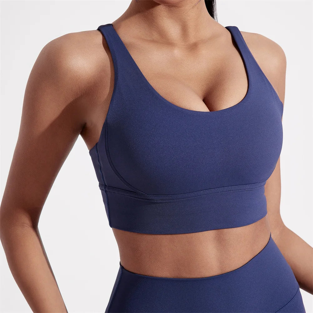 Solid Color Women Cross Back Fitness Underwear Soft Fitness Sport Bra Top Gym Yoga Athletic Workout With Chest Pad Comprehensive